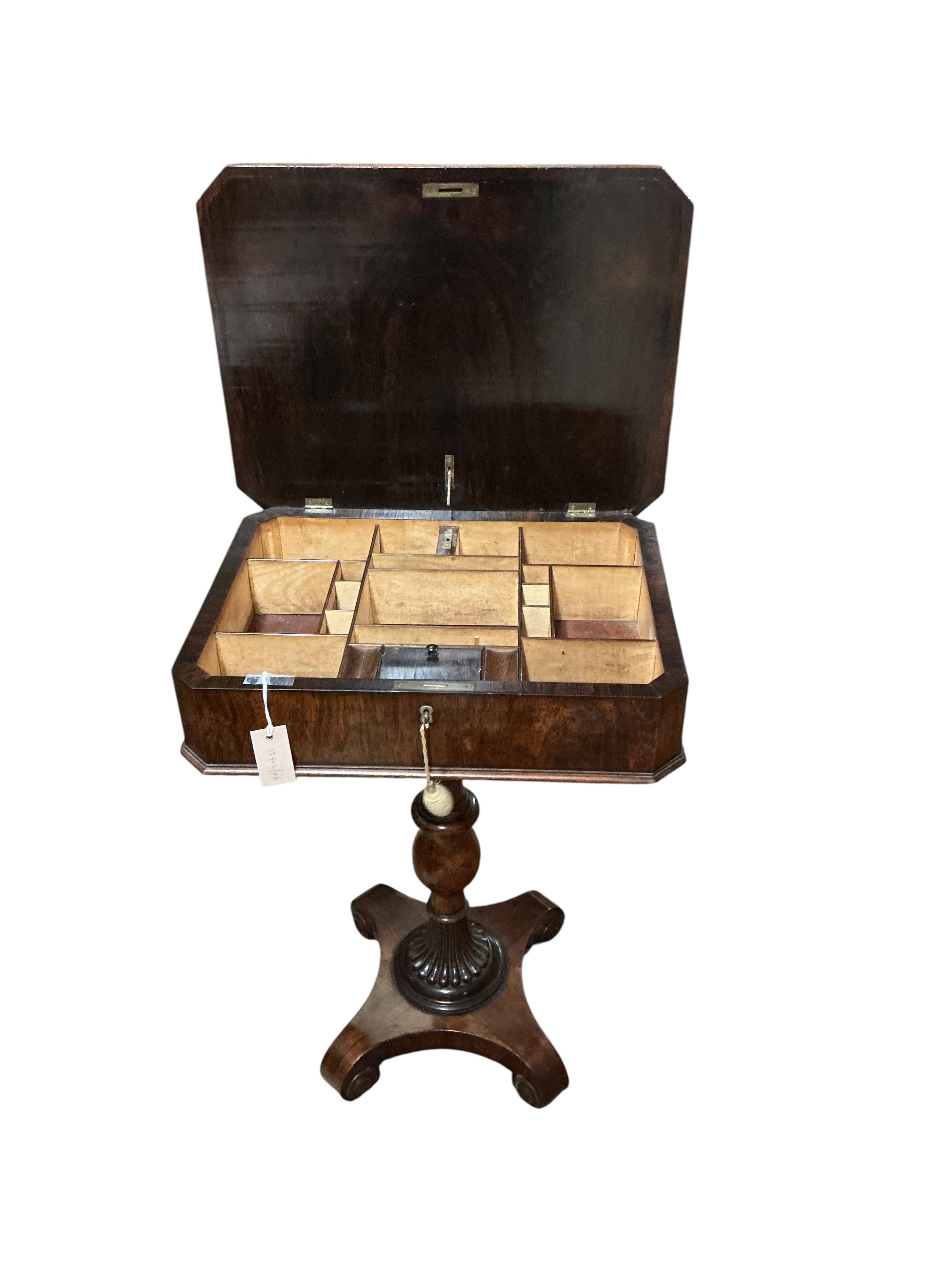A 19th century Continental rosewood work table, width 54cm, depth 42cm, height 76cm